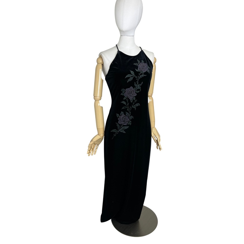 Vintage All That Jazz Black Velvet Floral Rose Halter Open Back Maxi Dress Med